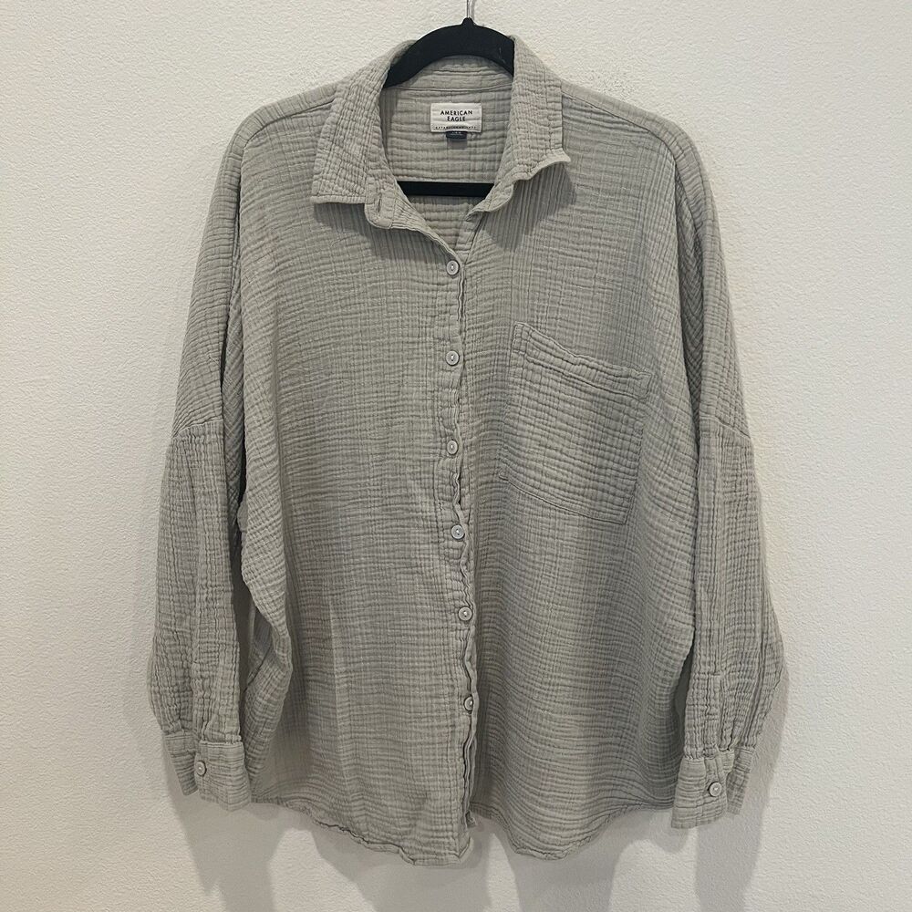 American Eagle Women Green Textured Gauze Oversized Button Down Shirt Large